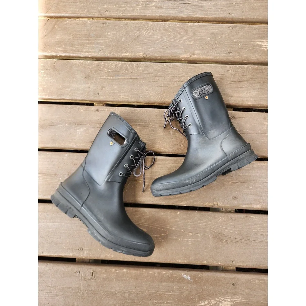 Bogs Amanda II Lace-up Rubber Rain Boots Black Waterproof Faux Fur Lined Women 9
